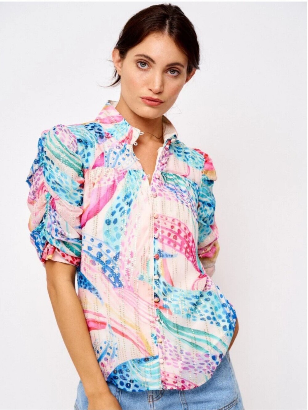 Ciebon Colorful Puff Sleeve Button Up